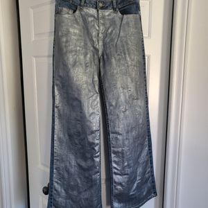 High waisted, wideleg, handpainted silver metallic jeans.  Vintage Indigo Rein.